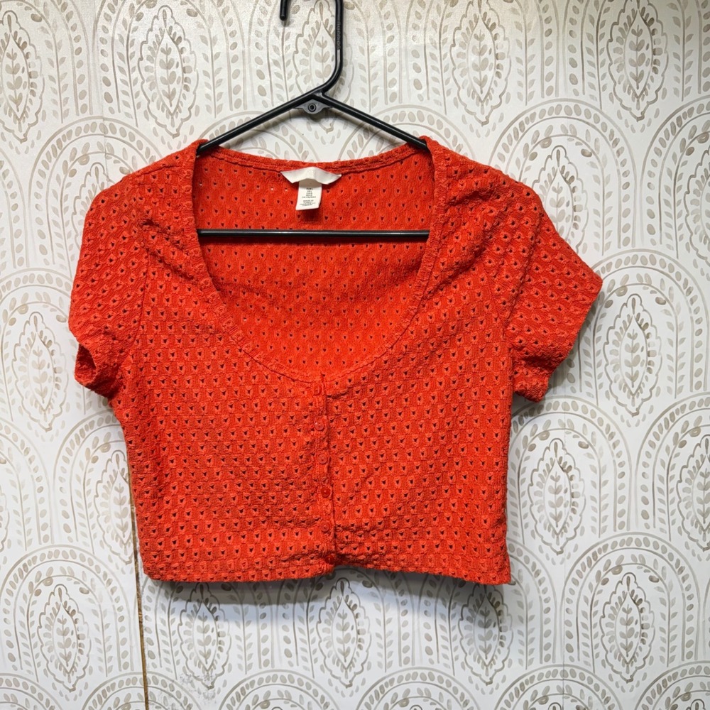 H&M Pointelle Cardigan Women Large Orange Cropped V-Neck Button Front Eyelet Top